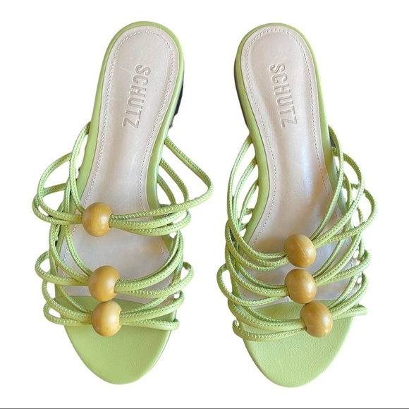 SCHUTZ Aster STRAPPY Slide SANDAL Wood BEADED Slip On OPEN Toe GREEN Sz 6.5 New - Picture 1 of 12